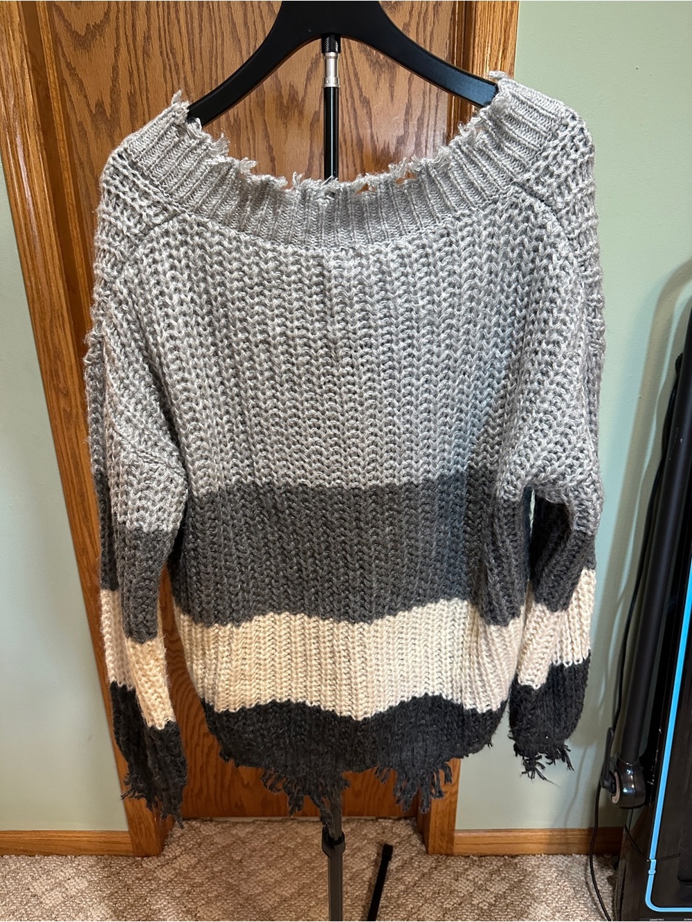 Wishlist Striped Distressed V-Neck Sweater in Gray, Cream, Black - Picture 4 of 4